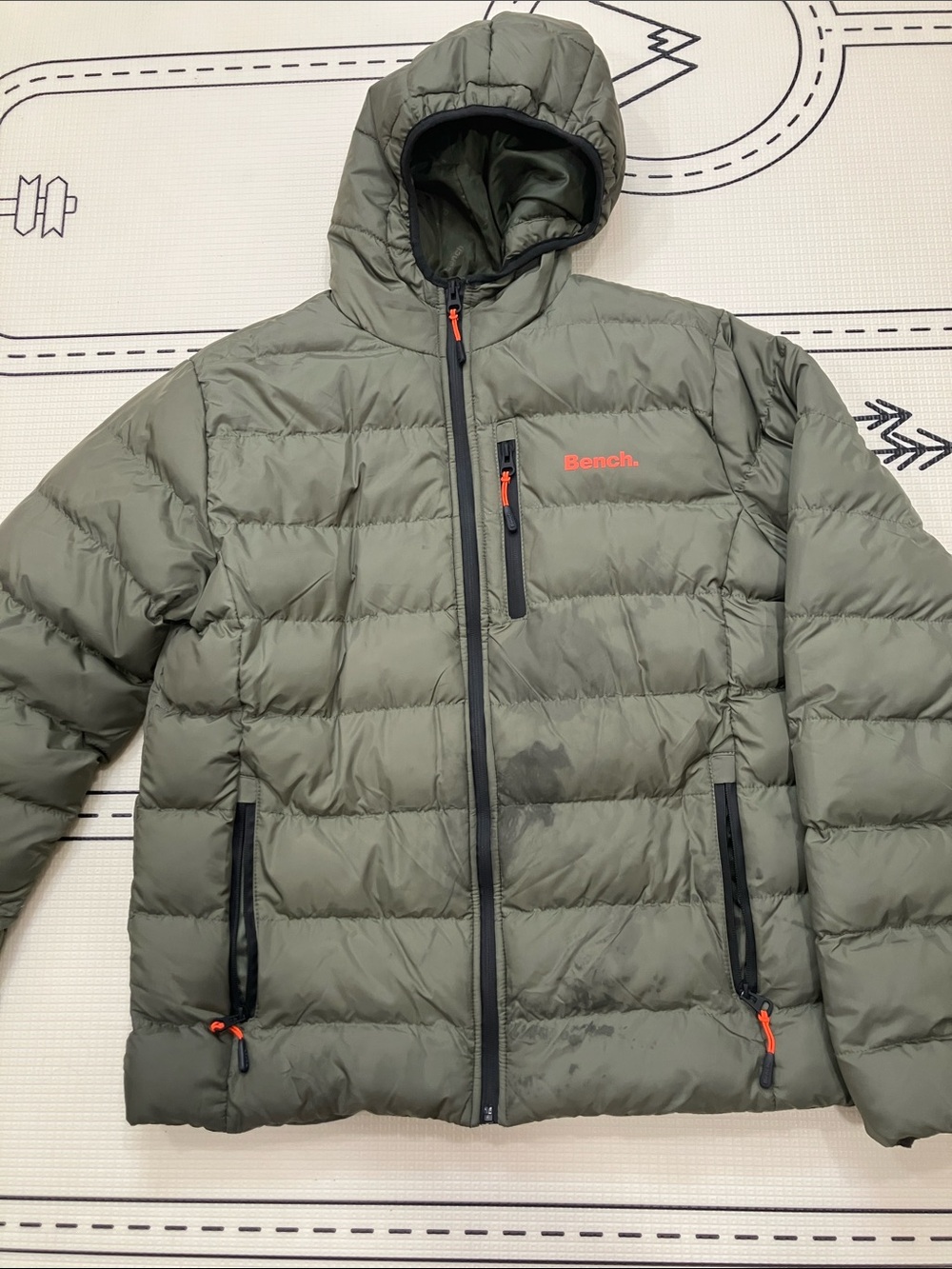 Bench Olive Green Hooded Quilted Puffer Jacket with Orange Accents